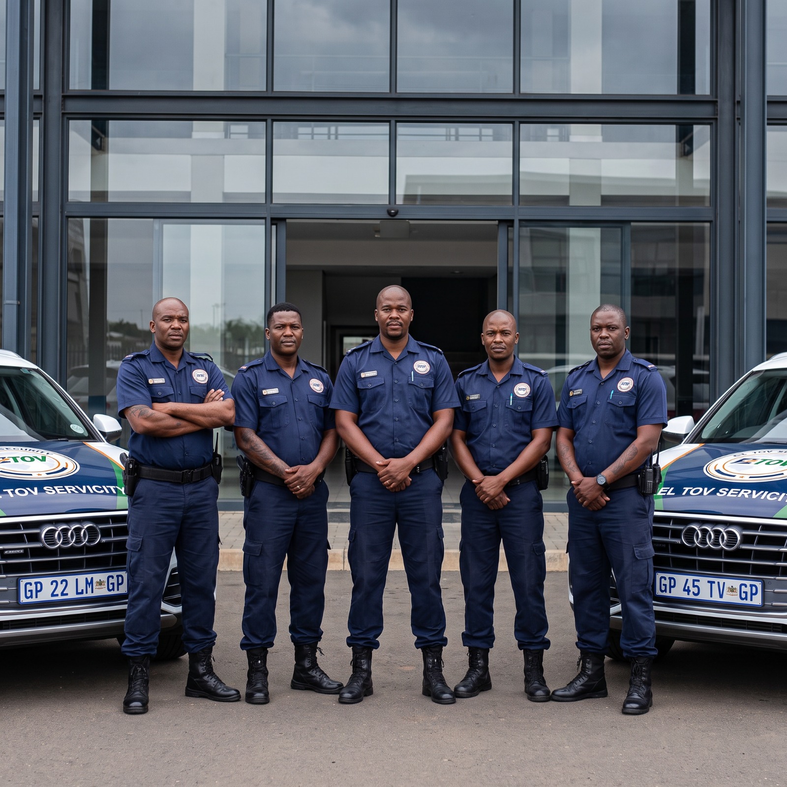 Team of uniformed Eltov Security officers standing in front of marked patrol vehicles at HQ